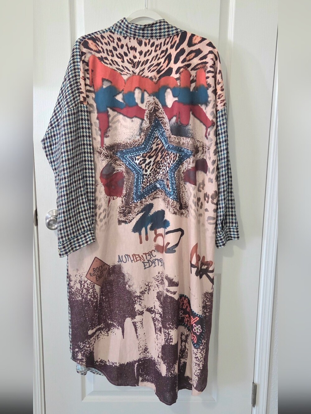 Made In Italy Boho Star Print Long Tunic Dress in Beige and Blue